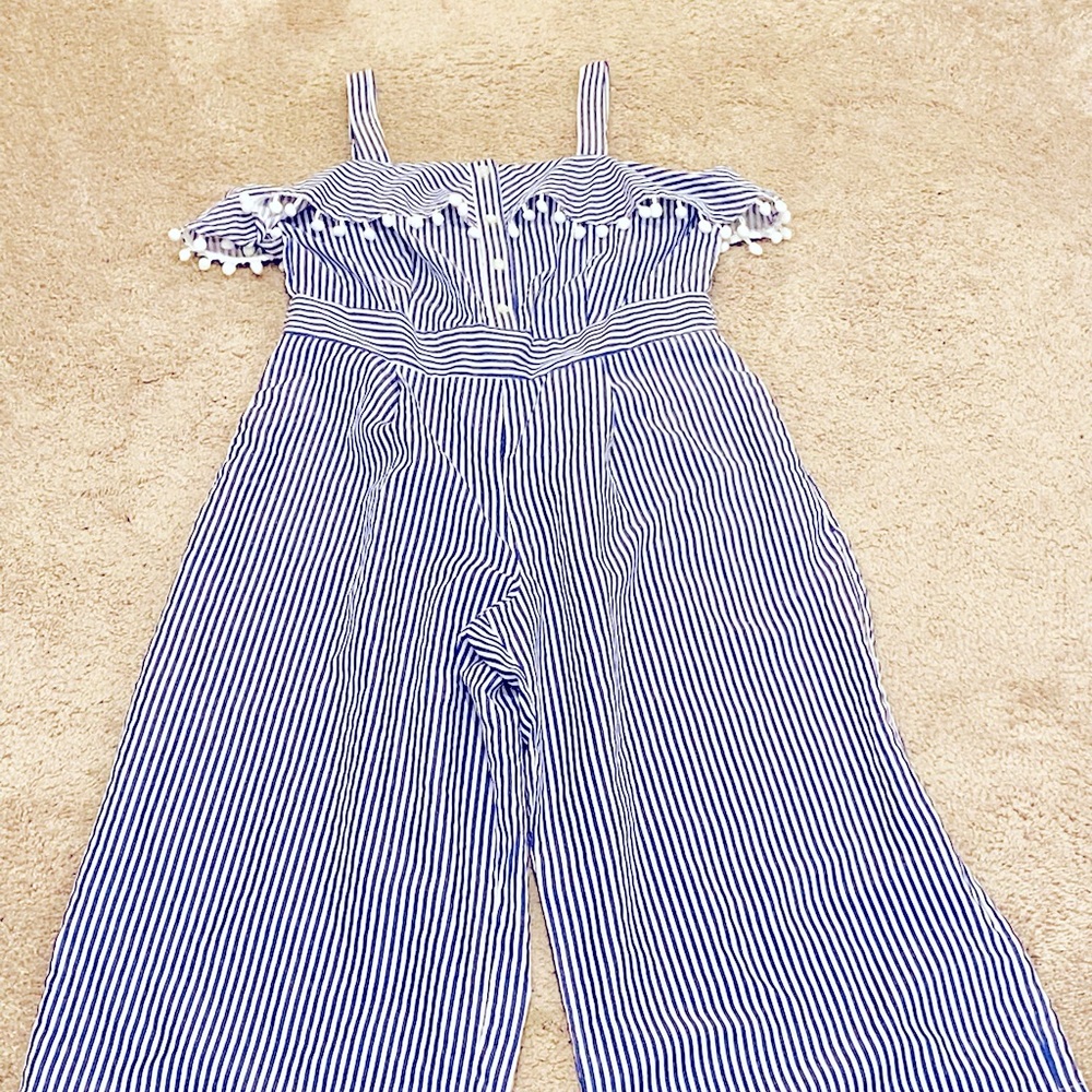 Blue & White Pom Pom detailed jumpsuit